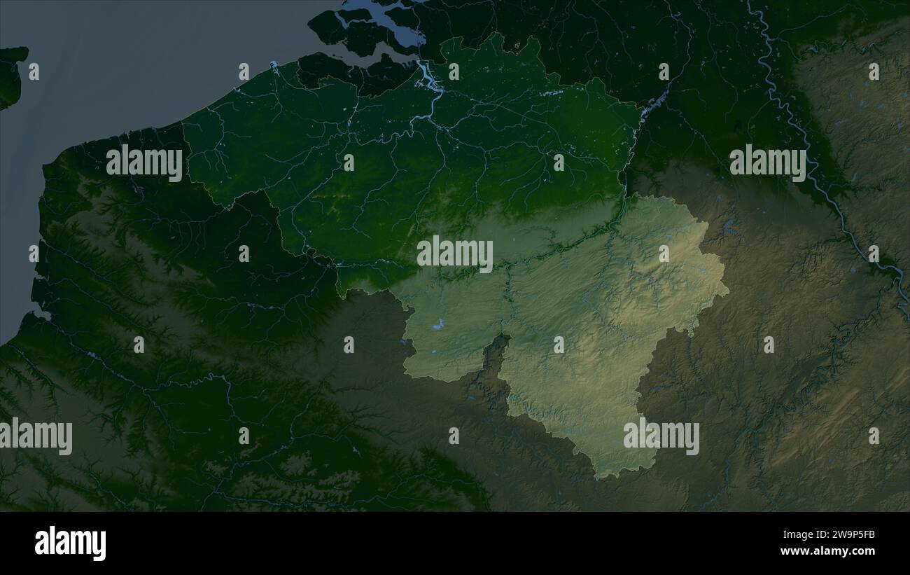 Il Belgio è evidenziato su una mappa colorata con laghi e fiumi Foto Stock