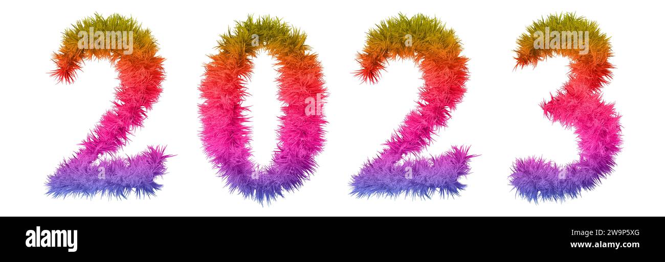 2023 anni concettuali realizzati con colorato simbolo di prato isolato su sfondo bianco. illustrazione 3d come metafora del futuro, della natura, dell'ambiente Foto Stock