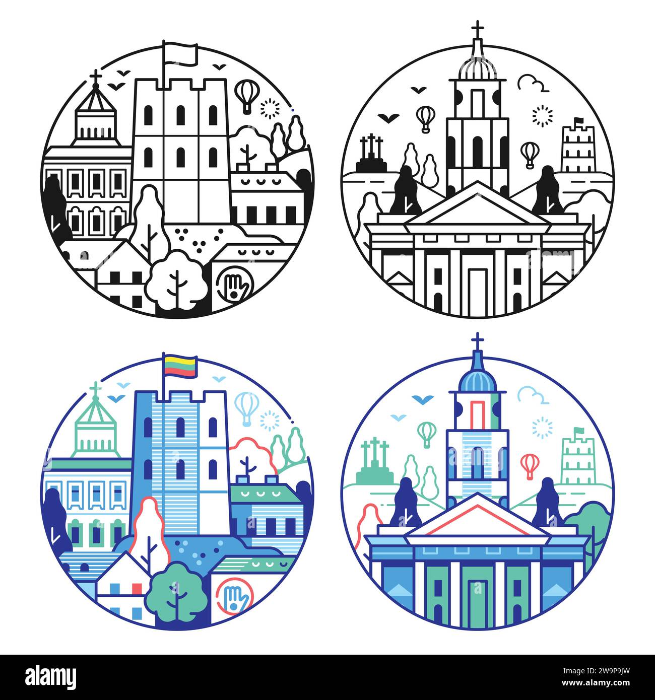 Viaggia con le icone del cerchio di Vilnius nella Line Art Illustrazione Vettoriale
