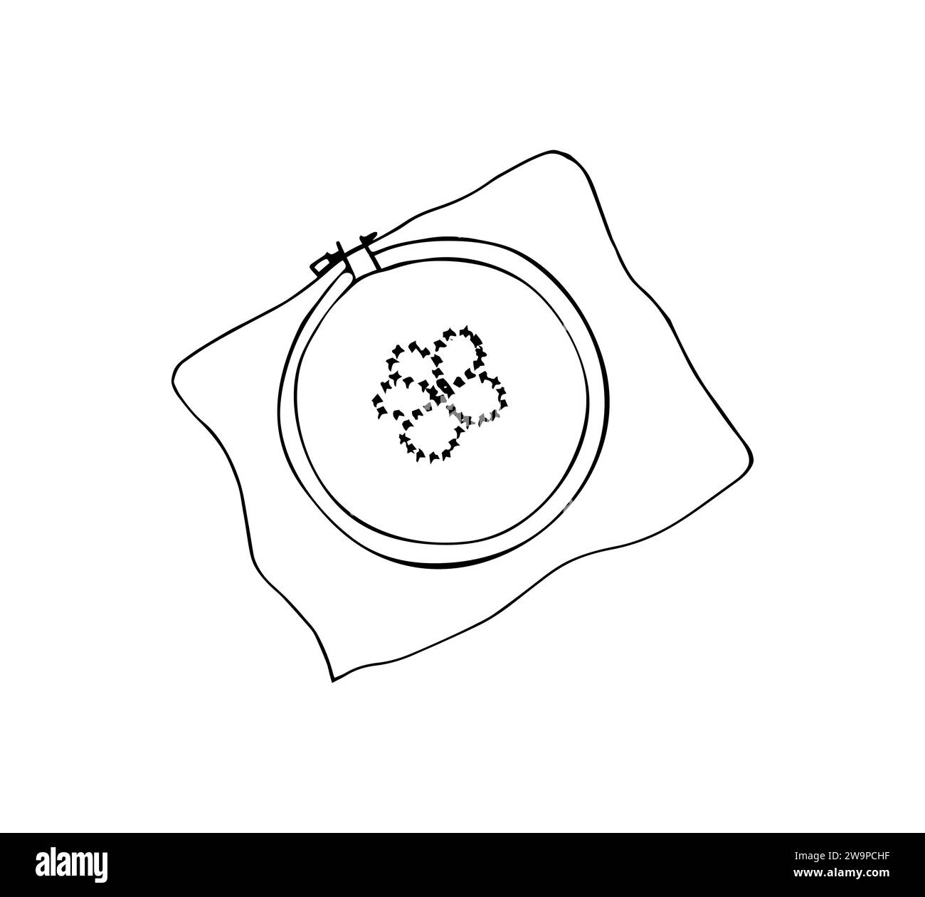 Canestro da ricamo con cuciture. Gancio con cuciture incrociate in stile doodle. Illustrazione vettoriale isolata su sfondo bianco. Illustrazione Vettoriale