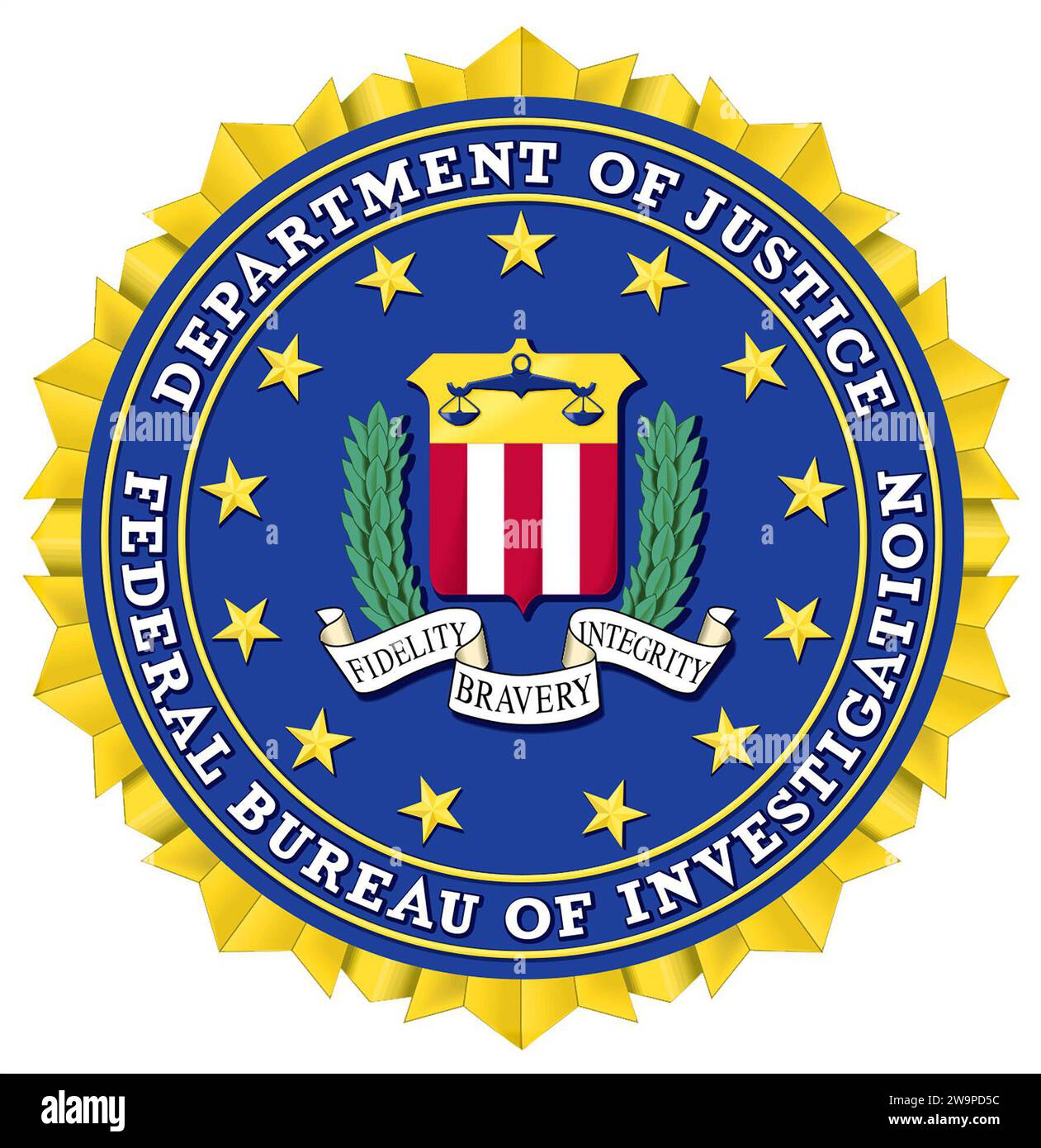 Logo FBI. Logo del Federal Bureau of Investigation. Dominio pubblico dal punto di vista del copyright, ma si applicano altre restrizioni. Negli Stati Uniti, l'uso non autorizzato del sigillo, del nome e delle iniziali dell'FBI è soggetto ad azione penale ai sensi della legge penale federale. Foto Stock