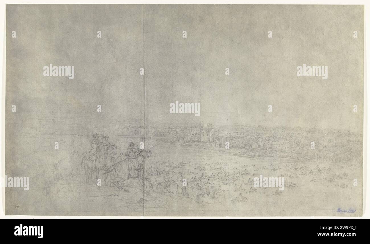 Traversata del Reno, 1672, 1900 - 1903 Fotografia di un disegno di attraversamento del Reno nei pressi di Tolhuis vicino a Lobith dell'esercito francese al comando di Luigi XIV il 12 giugno 1672. Parte di una serie di foto di disegni di città conquistate durante l'invasione francese dei Paesi Bassi nel 1672. Stampa francese in gelatina argento che attraversa un fiume. Movimenti di truppe, pedaggio per il trasporto Foto Stock