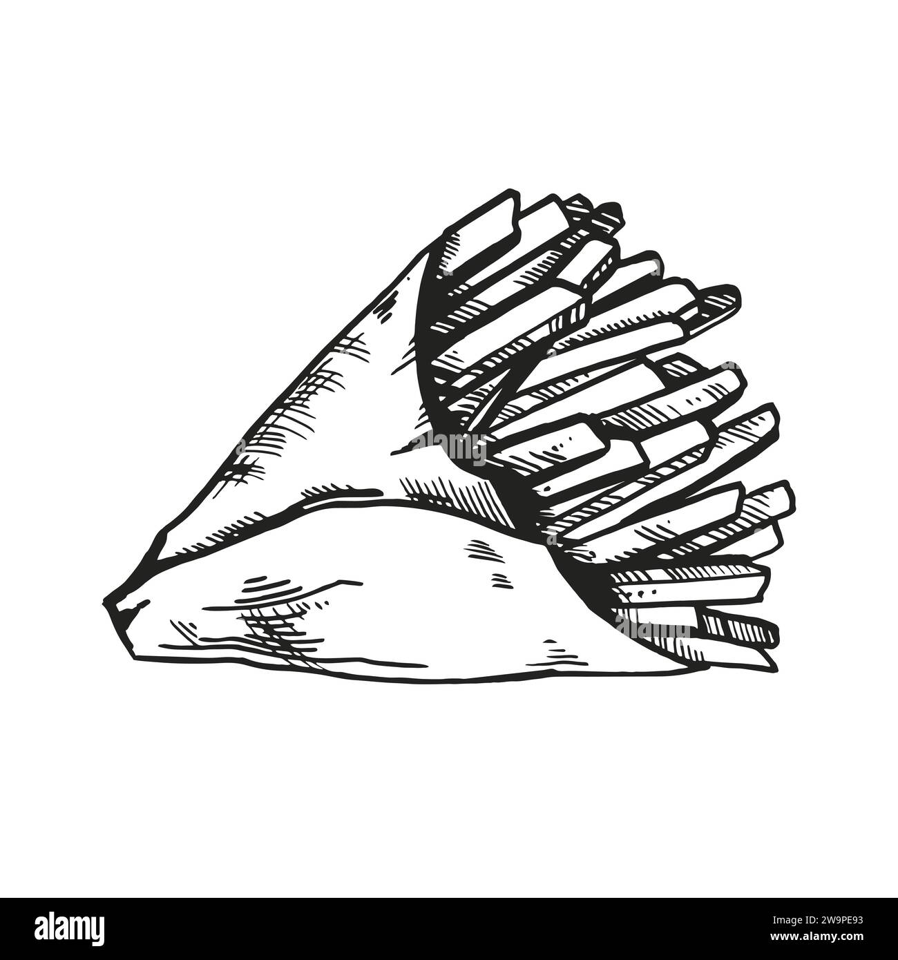 Illustrazione vettoriale di patatine fritte in carta artigianale, disegno a mano di fast food, illustrazione di alimenti a inchiostro bianco e nero isolato su sfondo bianco Illustrazione Vettoriale