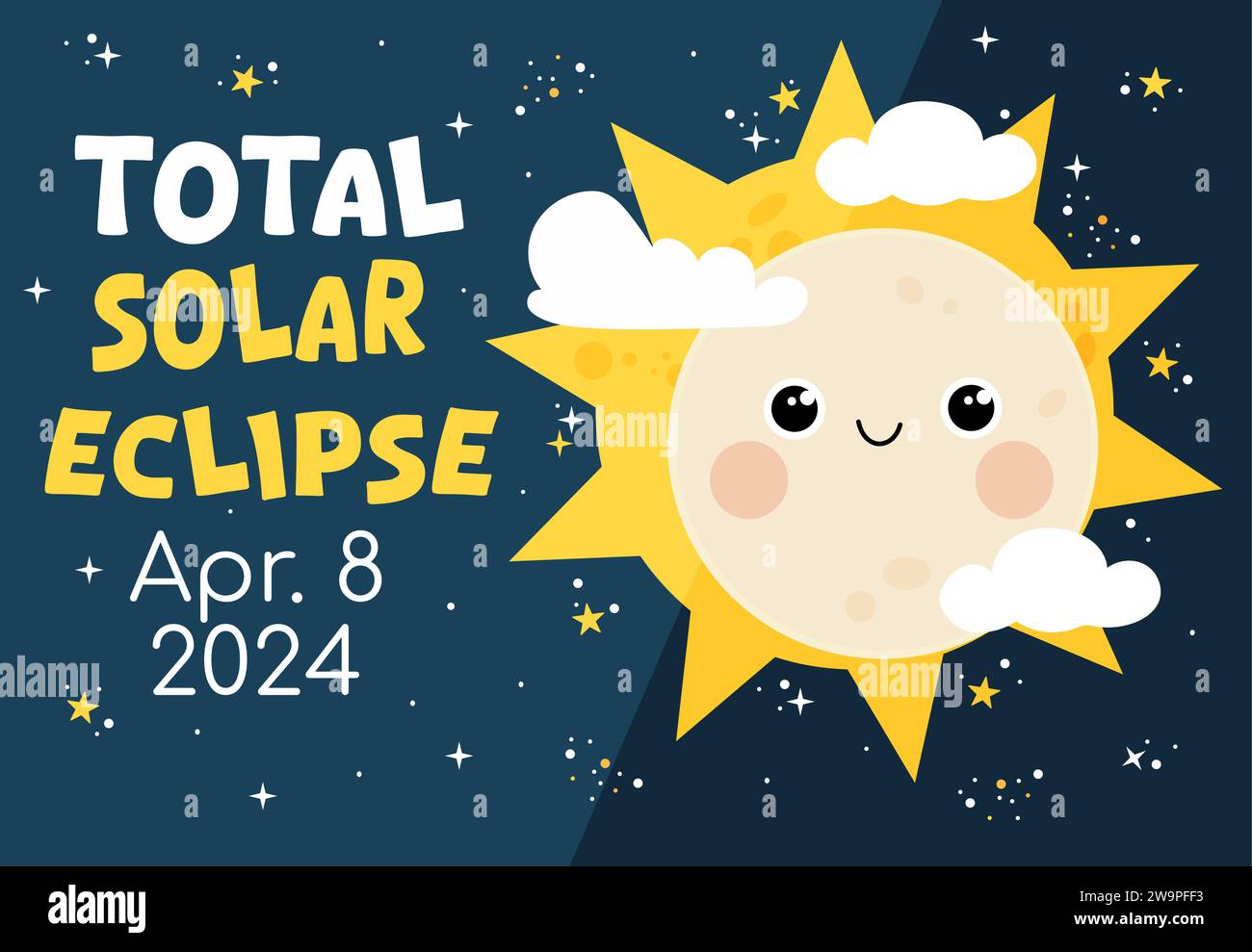 Banner disegnato a mano per eclissi solare totale. Carino design dei personaggi Vector Moon. Illustrazione Vettoriale