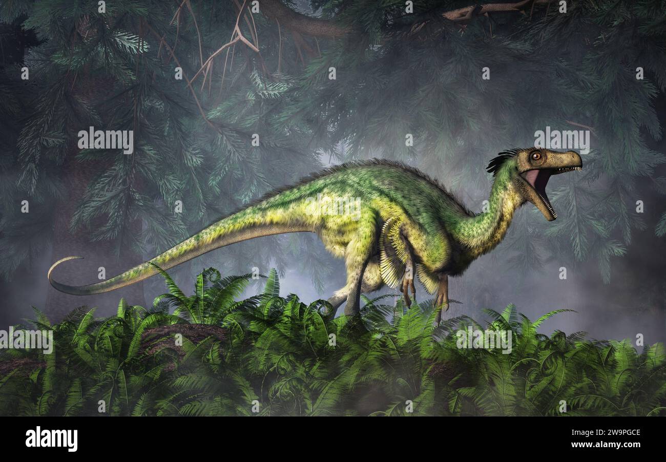 Ornitholestes era un piccolo dinosauro carnivoro bipede del Giurassico, circa 150 milioni di anni fa. Rendering 3D. Foto Stock