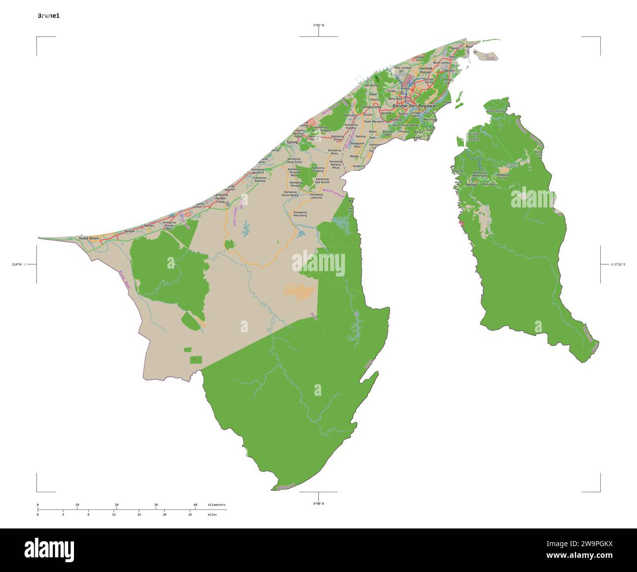 Forma di una mappa topografica in stile OSM France del Brunei, con scala di distanza e coordinate di confine della mappa, isolata su bianco Foto Stock