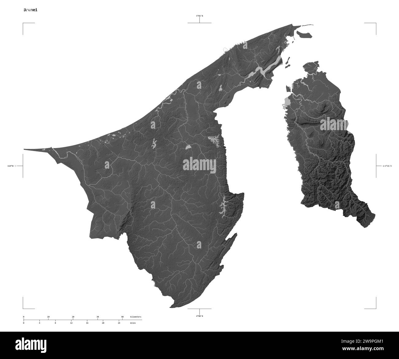 Forma di una mappa di elevazione in scala di grigi con laghi e fiumi del Brunei, con scala di distanza e coordinate di confine della mappa, isolati su bianco Foto Stock