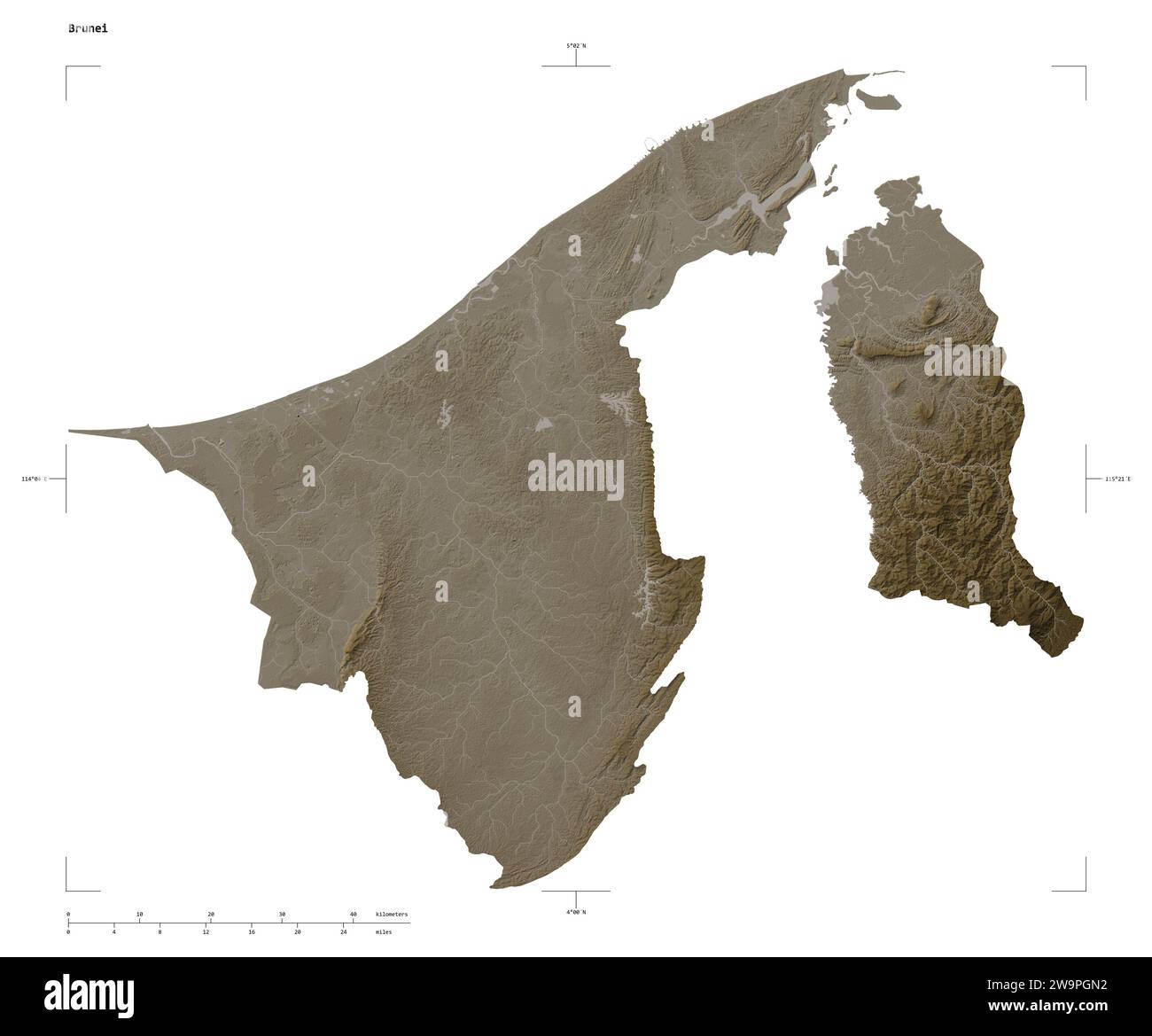 Forma di una mappa di elevazione colorata in tonalità seppia con laghi e fiumi del Brunei, con scala di distanza e coordinate di confine della mappa, isolati su bianco Foto Stock