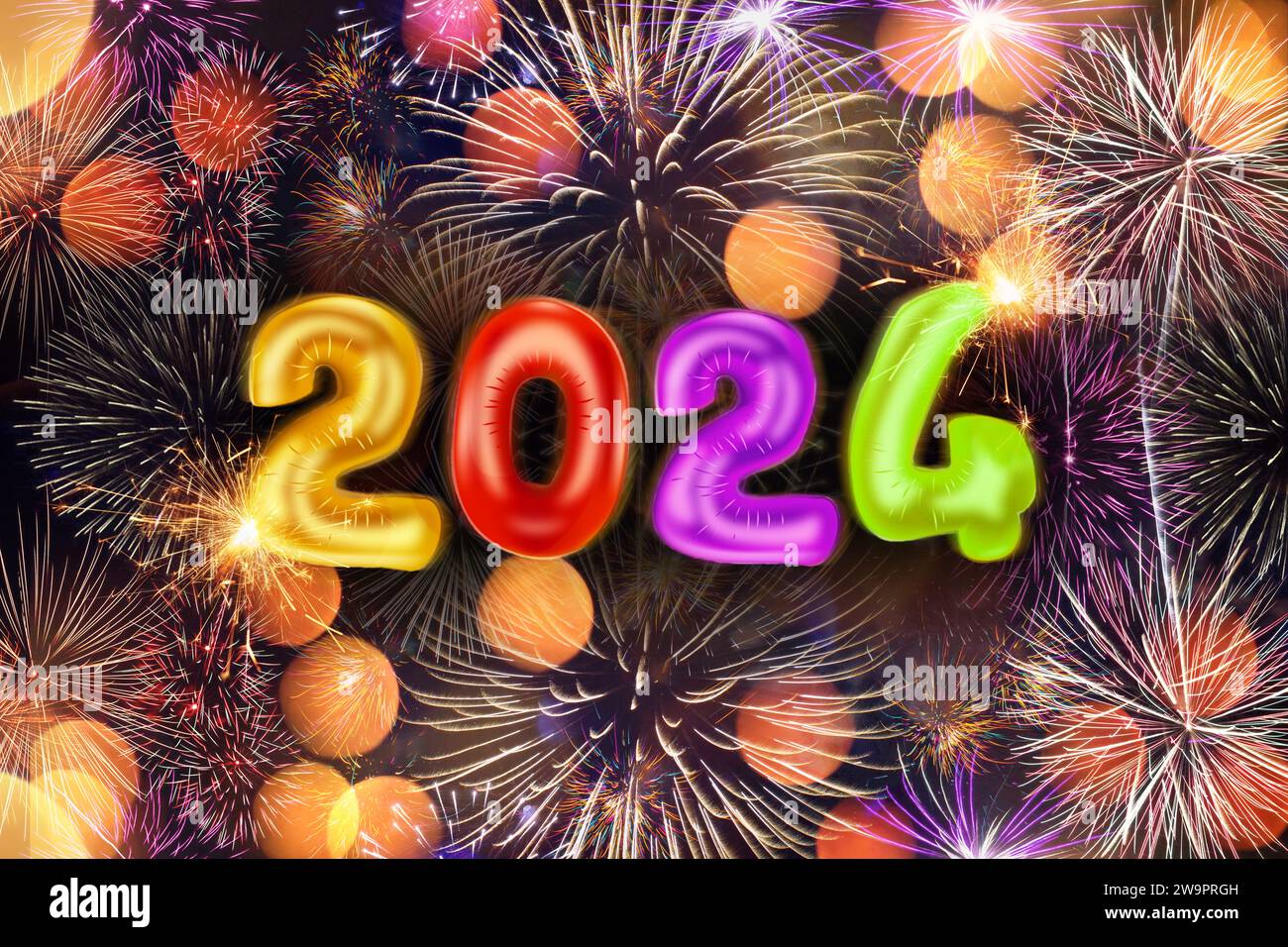 I palloncini formano l'anno 2024 prima dei fuochi d'artificio nel cielo, Symbol Photo New Year 2024, fotomontaggio Foto Stock