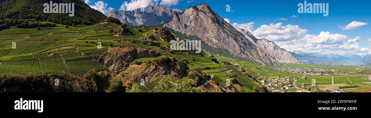 Panorama della valle del Rodano con vigne, Alpi, Valle, paesaggio, bel tempo, escursioni, Vallese, Svizzera Foto Stock
