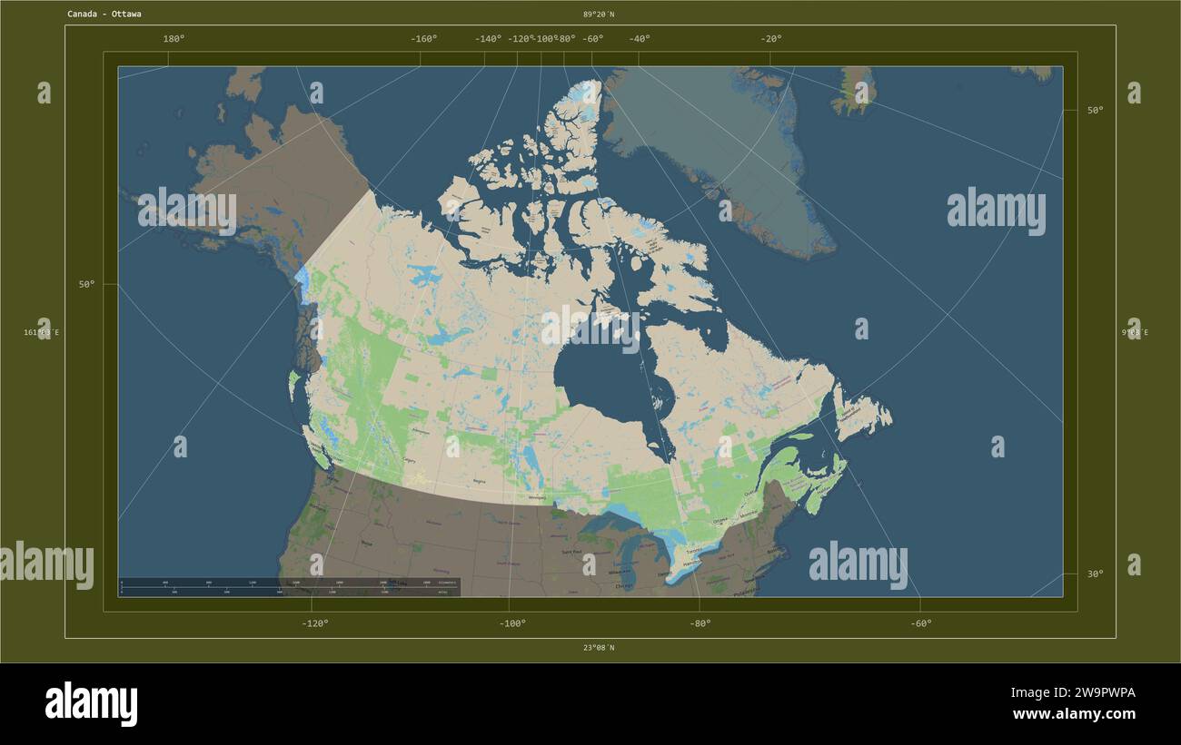 Canada evidenziato su una mappa topografica in stile standard OSM con la capitale del paese, la griglia cartografica, la scala di distanza e il confine della mappa Foto Stock