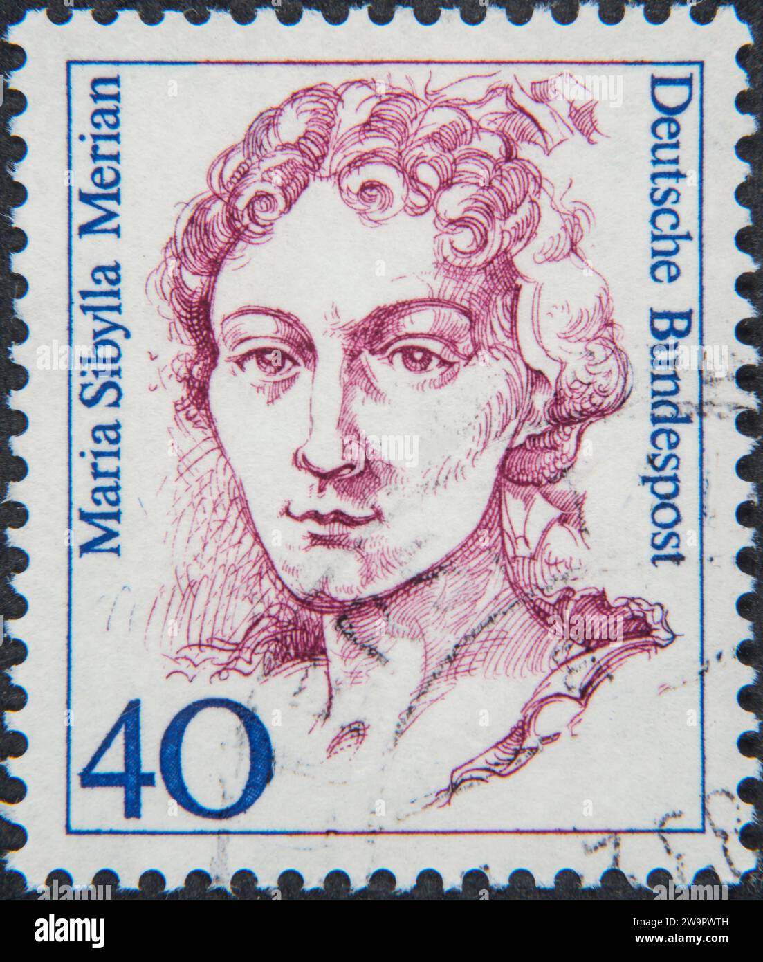 Maria Sibylla Merian, 1647 – 1717, entomologa tedesca, naturalista e illustratrice scientifica. Ritratto su un francobollo tedesco Foto Stock