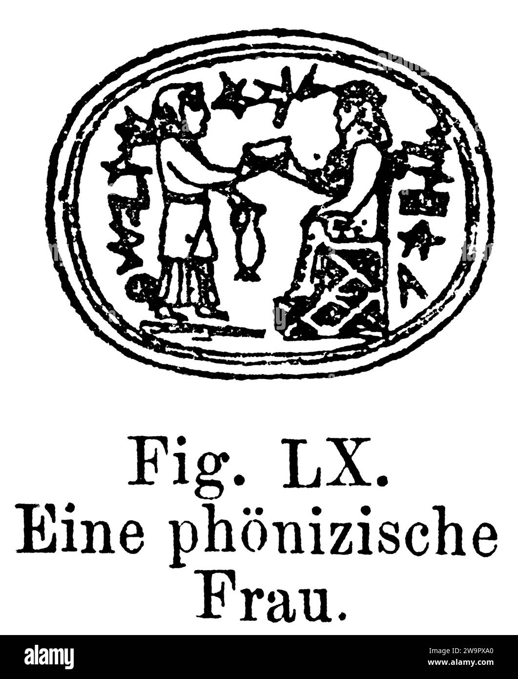 Donna fenicia con servo, seggiolone, brocca, ciotola, consegna, ovale, iscrizione, rappresentazione storica 1886 Foto Stock