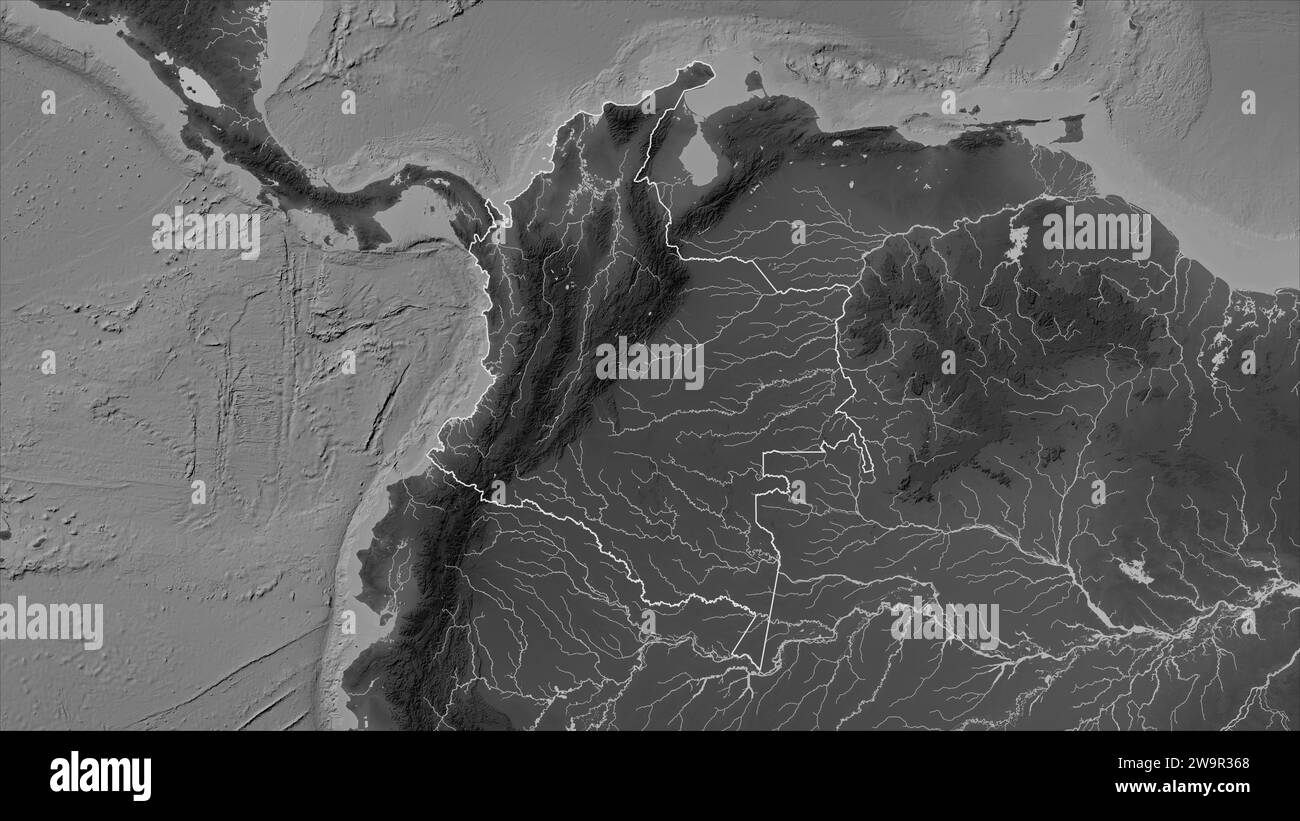 Colombia delineata su una mappa di elevazione in scala di grigi con laghi e fiumi Foto Stock
