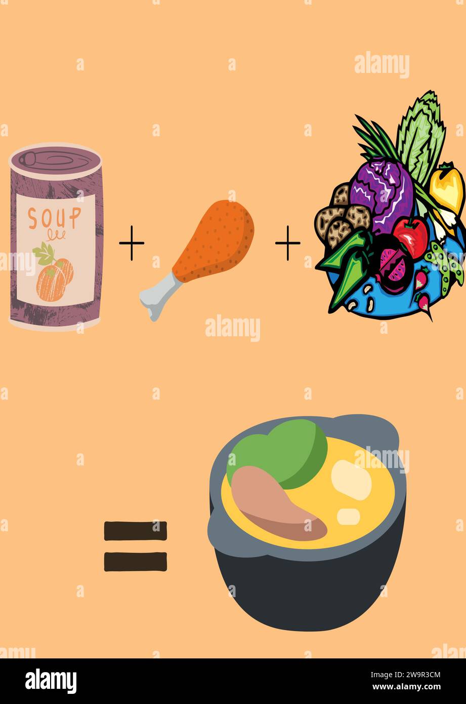 Un semplice disegno che mostra il cibo in una ciotola. Un recipiente per zuppe con i suoi ingredienti, pollo e verdure. Snack sani/mangiare mostrando benessere. Illustrazione Vettoriale