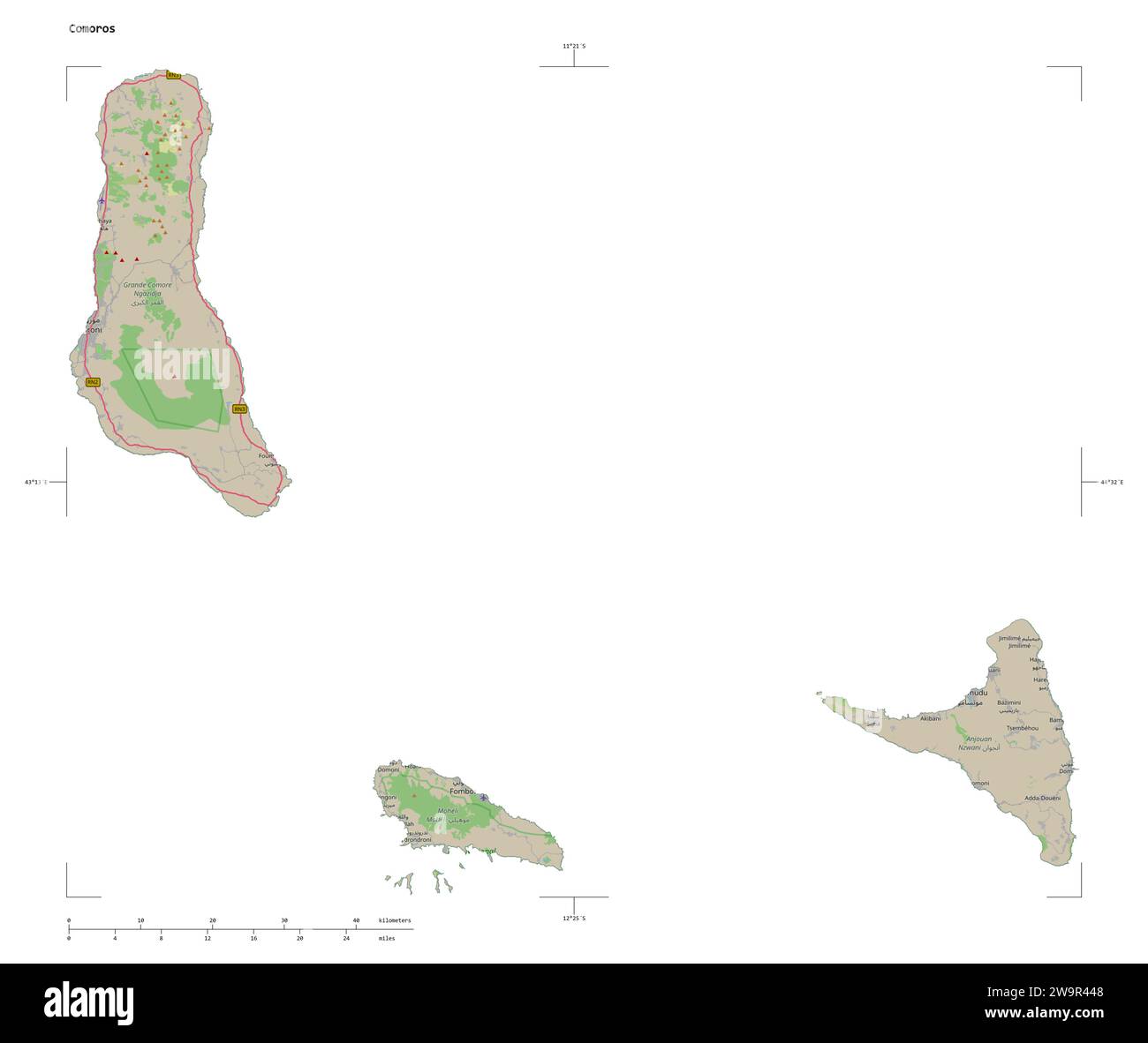 Forma di una mappa topografica in stile OSM Germania delle Comore, con scala di distanza e coordinate di confine della mappa, isolata su bianco Foto Stock