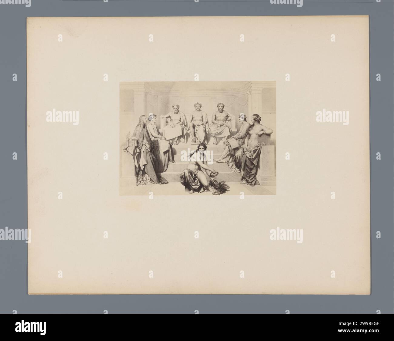 Produzione fotografica di un'incisione di un ritratto di ICTINUS, Apelles e Phidias, affiancata da allegorie sull'arte gotica, greca, romana e rinascimentale, Gustav Schauer, dopo Louis Pierre Henrique-Dupont, dopo Paul Delaroche, c. 1853 - in o prima di c. 1858 Fotografia questa foto fa parte di una copertina con tre foto su tre riviste e un foglio di testo. supporto fotografico albumen stampa ritratto, autoritratto dell'artista. Rappresentazioni simboliche, allegorie ed emblemi  arte; 'Arte' (Ripa) (+ arte rinascimentale). Rappresentazioni simboliche, allegorie ed emblemi  arte; 'Arte' (Ripa) (+ arte greca). s Foto Stock