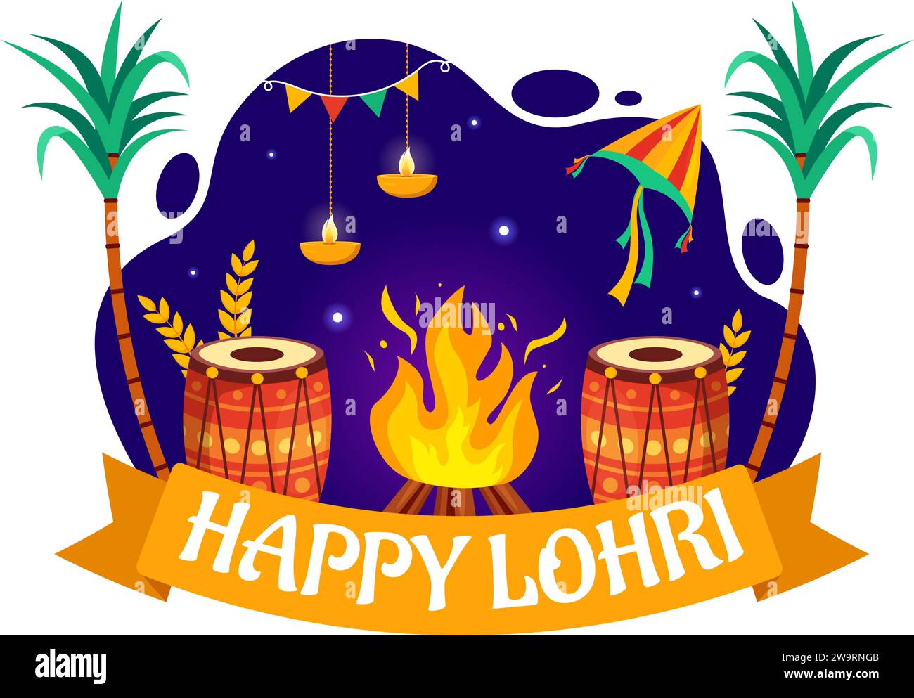 Happy Lohri Festival of Punjab India Vector Illustration of Playing Dance and Celebration Bonfire with batteria and Kites in Flat Cartoon background Illustrazione Vettoriale