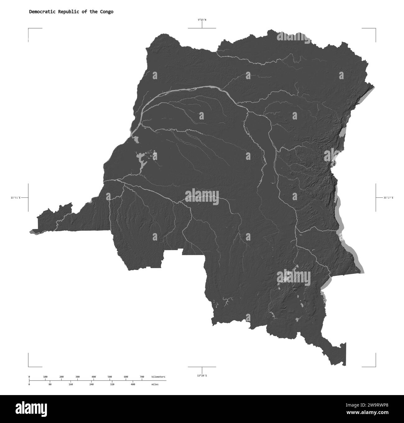 Forma di una mappa di elevazione a due livelli con laghi e fiumi della Repubblica Democratica del Congo, con scala di distanza e mappa coordinate di confine, isolamento Foto Stock