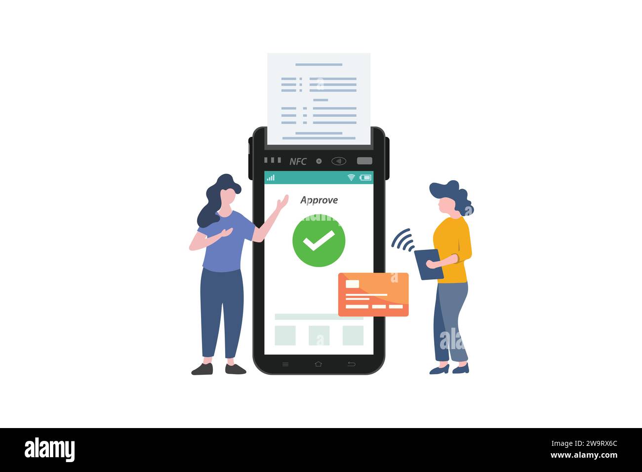 Donna che effettua pagamenti senza contatto con carta di credito, ha approvato il pagamento tramite NFC. Illustrazione vettoriale Illustrazione Vettoriale