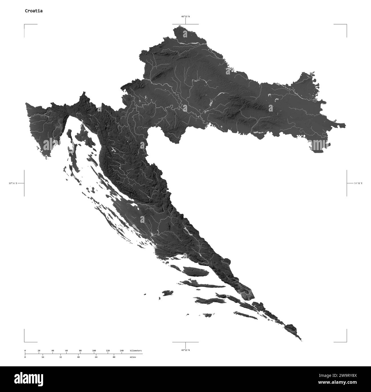 Forma di una mappa di elevazione in scala di grigi con laghi e fiumi della Croazia, con scala di distanza e coordinate di confine della mappa, isolati su bianco Foto Stock