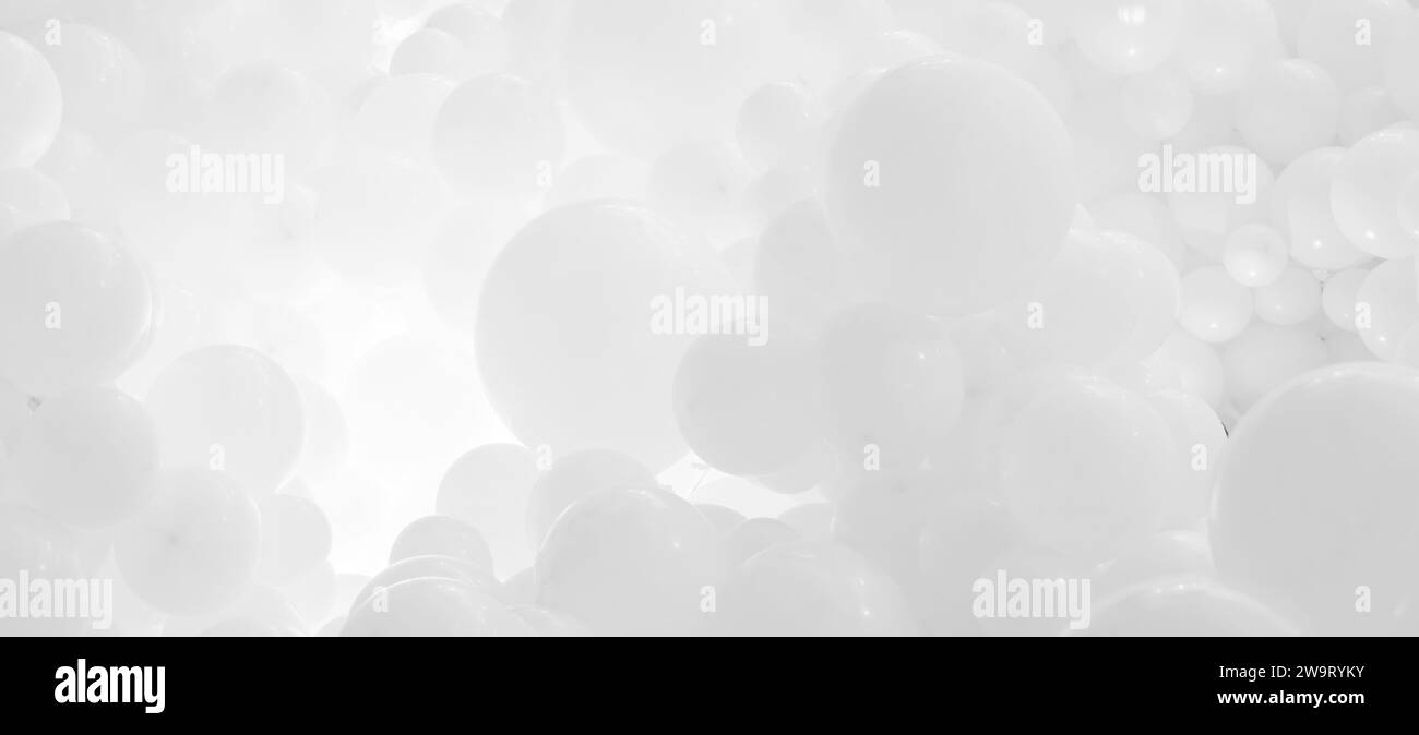 Sfondo bianco con palloncini volanti - design pulito, 3D astratto banner realistico Foto Stock