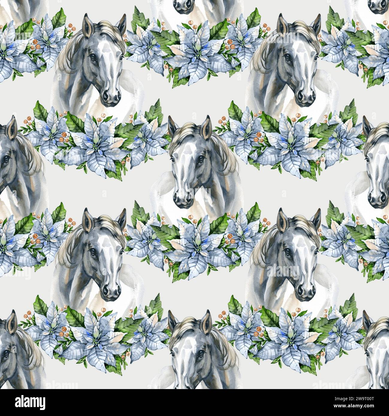 Pattern senza cuciture con ritratti di cavalli e fiori bianchi. Acquerello disegnato a mano. Foto Stock