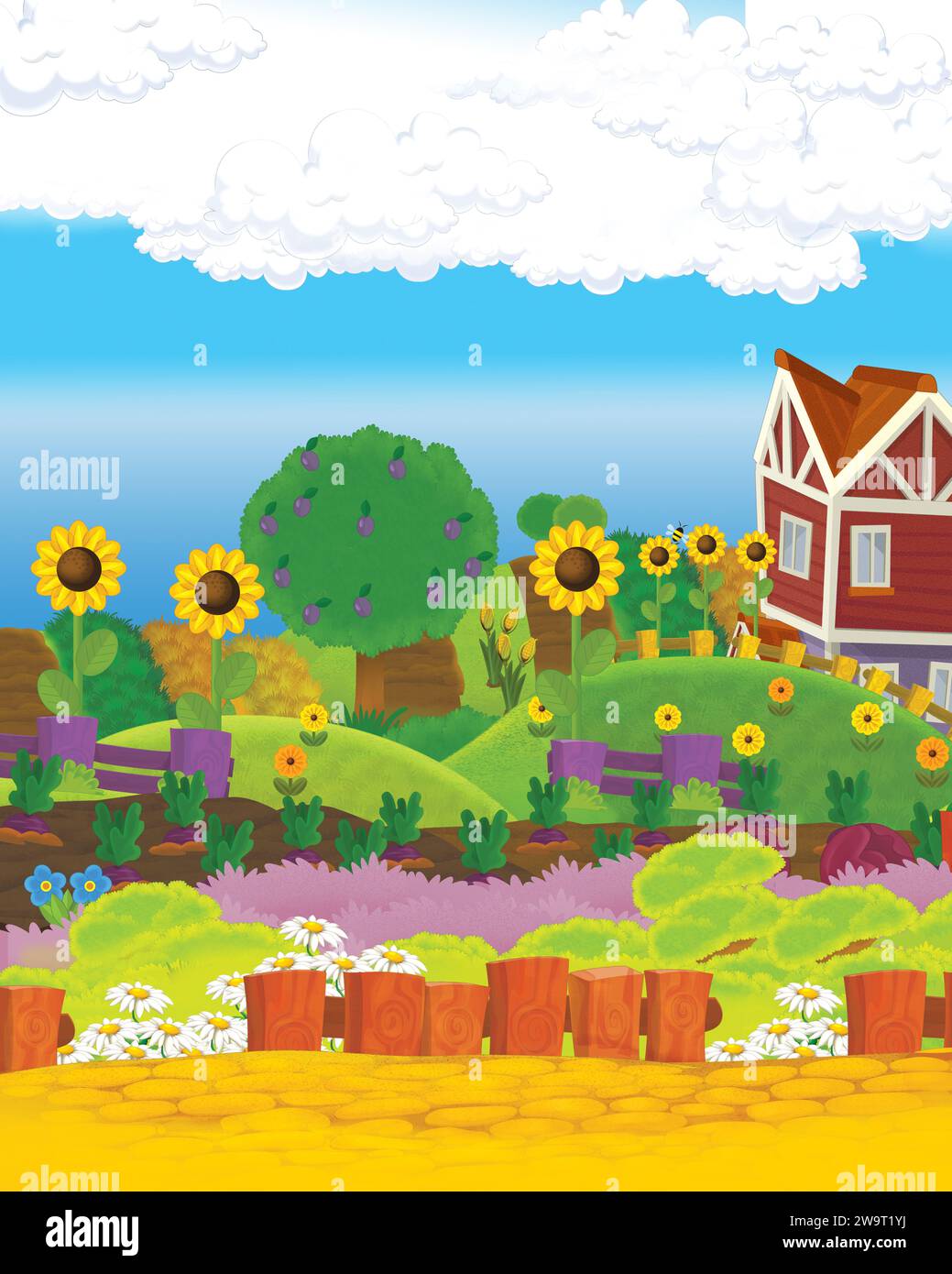 scena di cartoni animati con una fattoria dall'aspetto divertente sulla collina - illustrazione per bambini Foto Stock