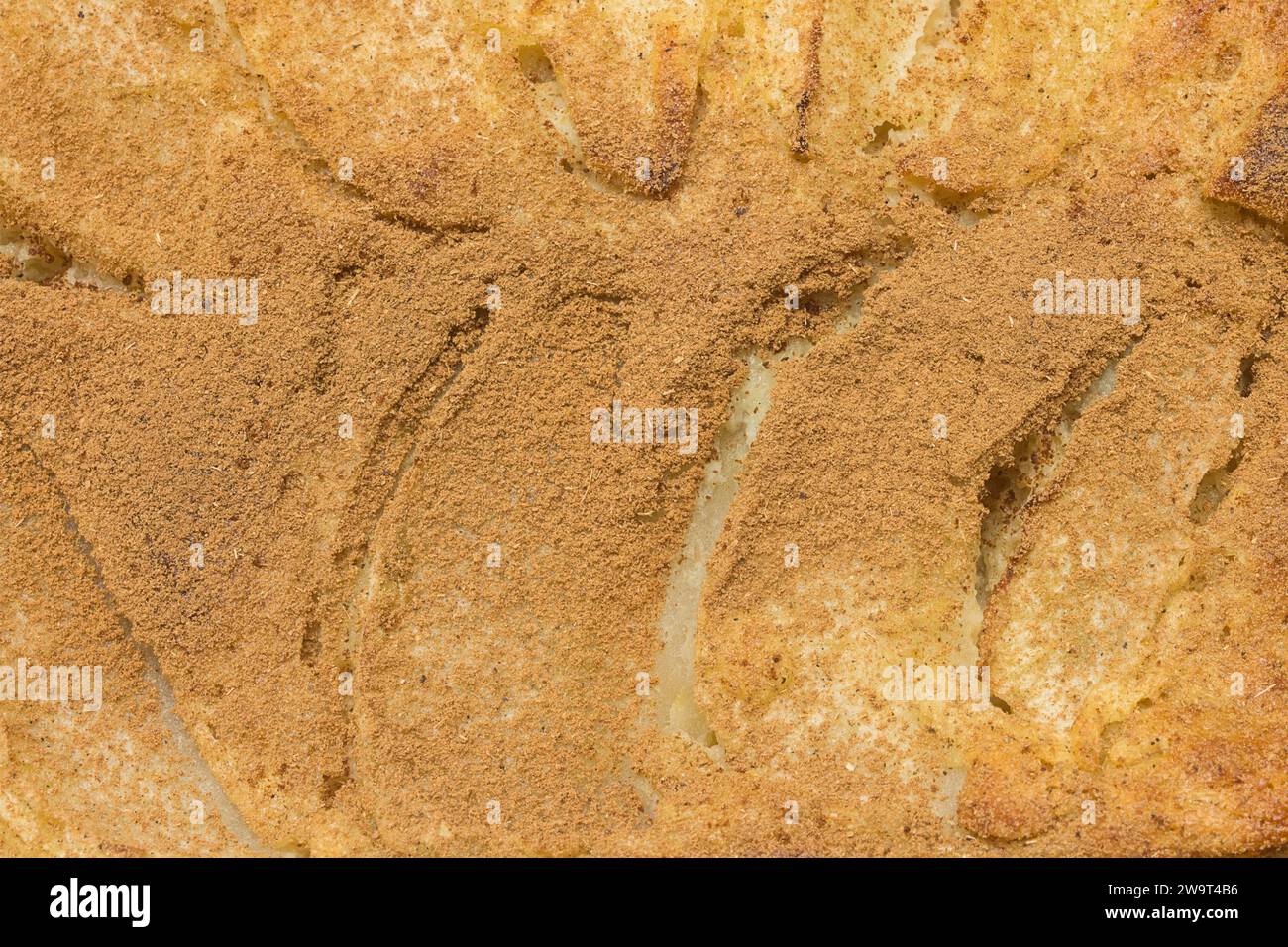 Un primo piano in alto di una torta di mele appena sfornata, un dessert fatto in casa, spolverato con cannella in polvere che crea una combinazione irresistibile. Healt Foto Stock