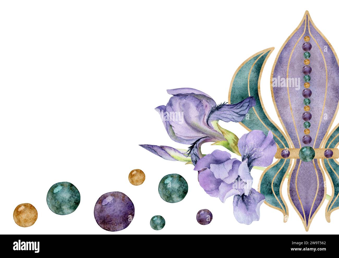 Simboli del carnevale del Mardi Gras ad acquerello disegnati a mano. Fleur de lis fiore di Iris di giglio francese perle di vetro coriandoli baubles composizione isolata su bianco Foto Stock