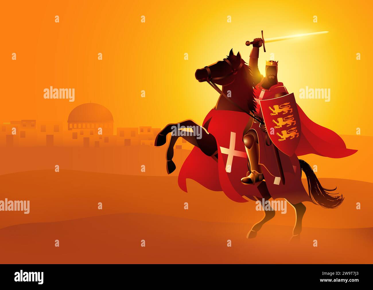 Illustrazione vettoriale di Re Riccardo il cuore di Leone con una spada e uno scudo a cavallo Illustrazione Vettoriale