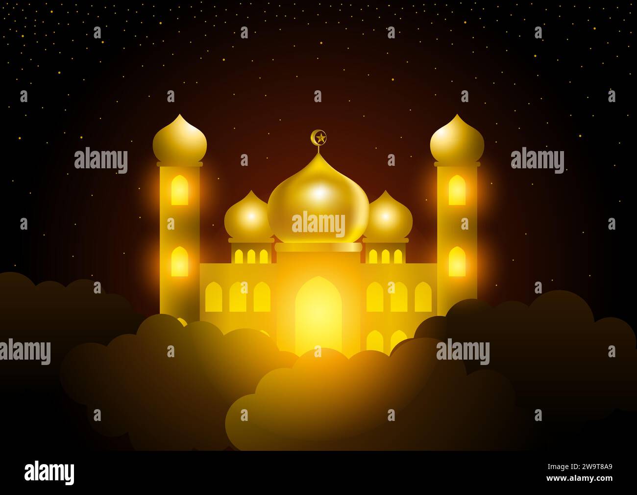 Moschea luminosa sul cielo, tema islamico, illustrazione vettoriale del biglietto d'auguri del Ramadan Illustrazione Vettoriale