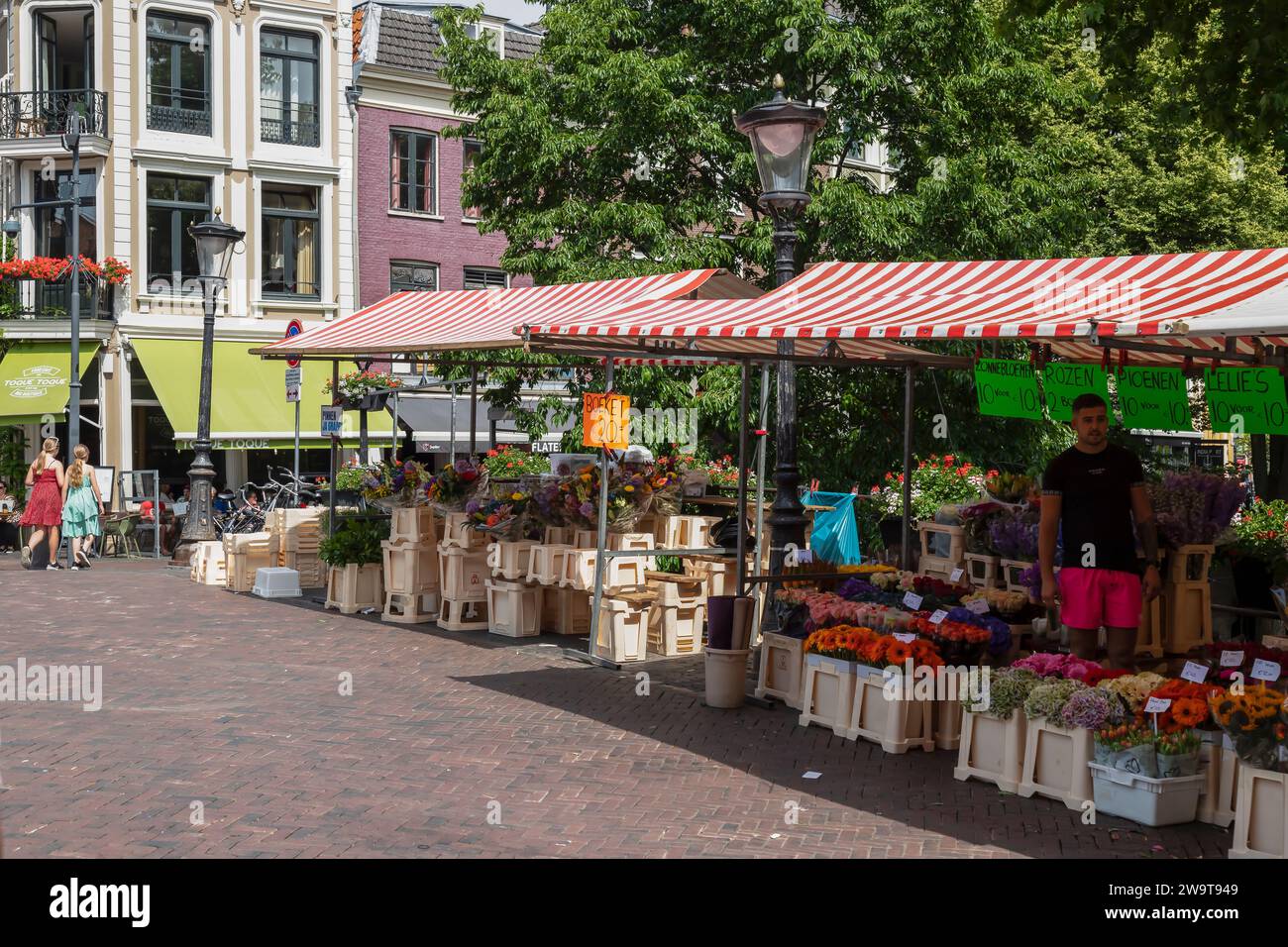 Bancarelle di fiori sul ponte nel centro della città di Utrecht, nei Paesi Bassi. Foto Stock
