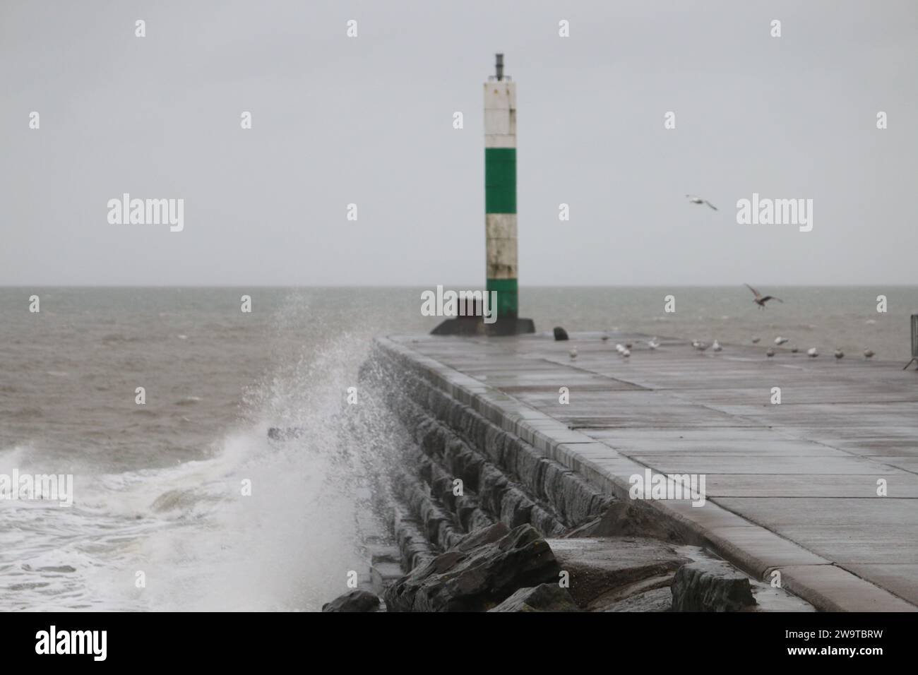 Aberystwyth Galles Regno Unito meteo 30 dicembre 2023. Una giornata tempestosa sulla costa occidentale del Galles, con un avvertimento giallo in atto mentre si aspettano venti di forza e pioggia intensa, Credit: mike davies/Alamy Live News Foto Stock