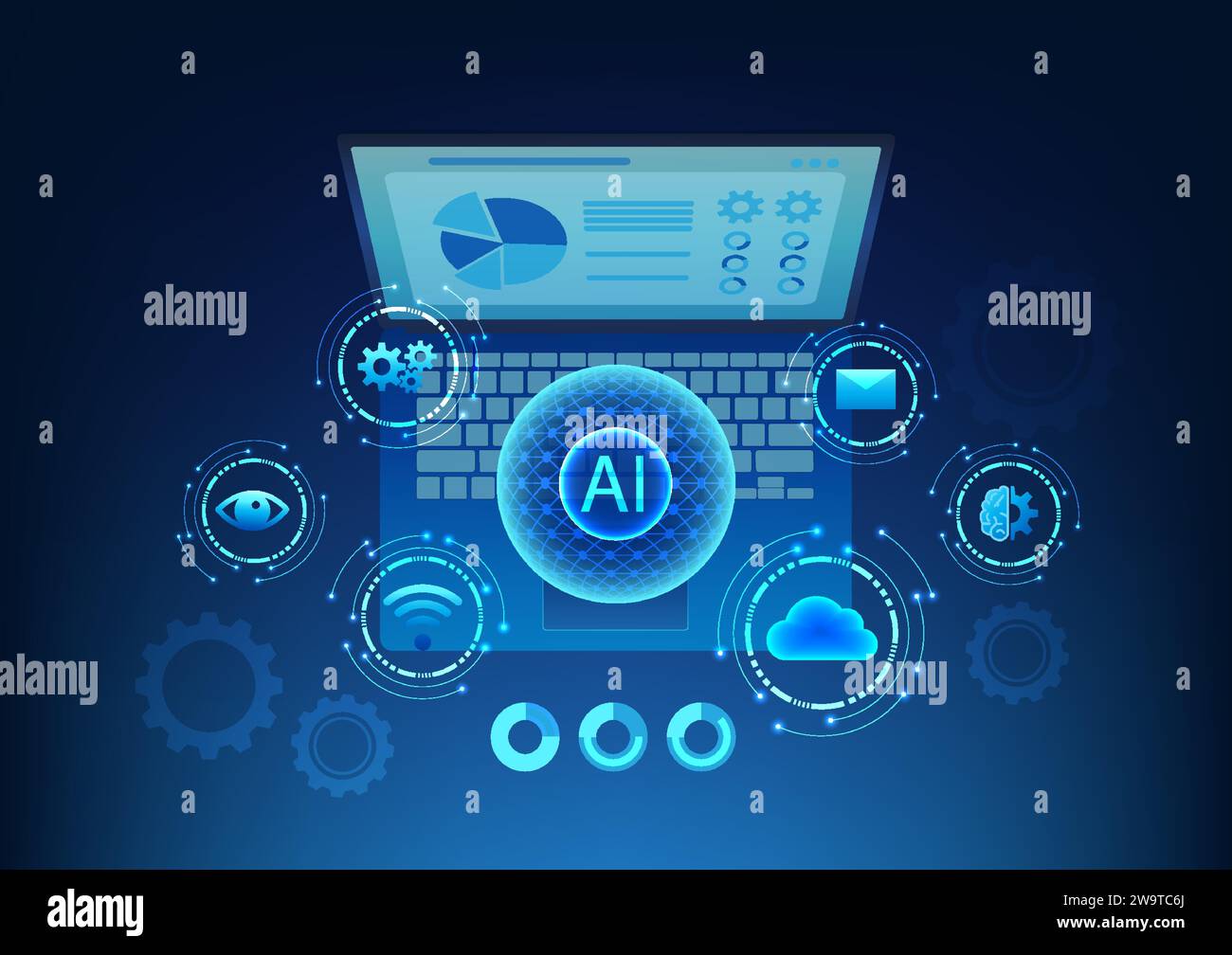 Tecnologia di intelligenza artificiale ai che viene per imparare e aiutare a lavorare per soddisfare le esigenze umane. L'icona ai connessa all'elaborazione testi Internet è Illustrazione Vettoriale