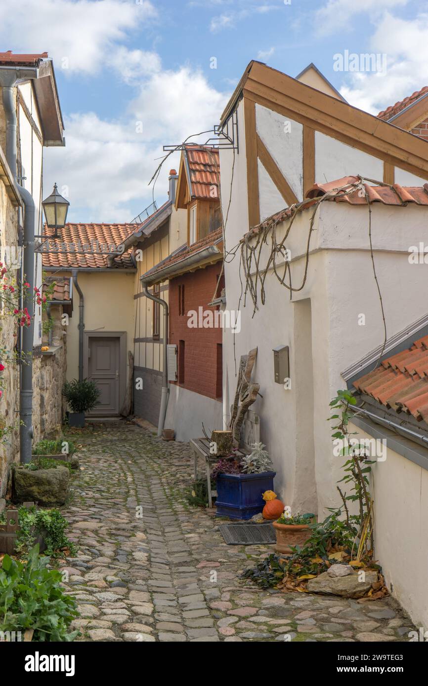 Vicolo storico sul Münzenberg a Quedlinburg, Sassonia-Anhalt, Germania Foto Stock