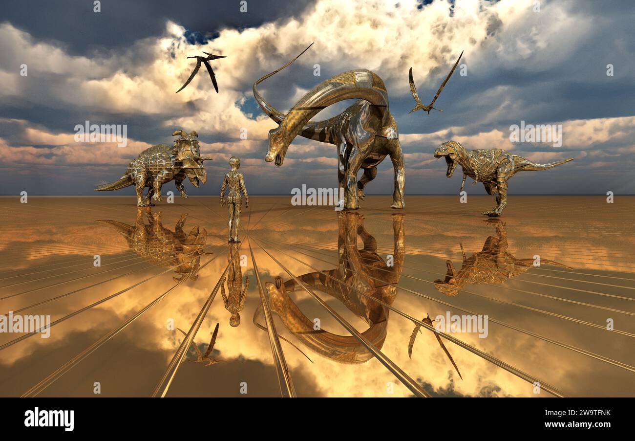 AI Transhuman Boy, in Un dinosauro robotico Par i A Foto Stock