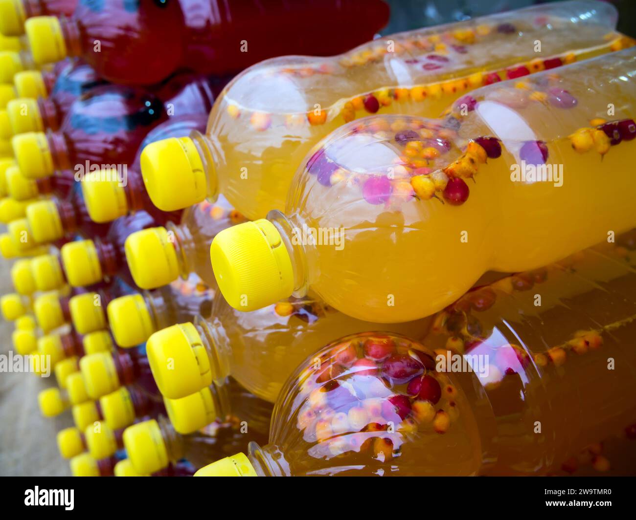 Bottiglie con limonata artigianale a base di frutti di bosco freschi Foto Stock