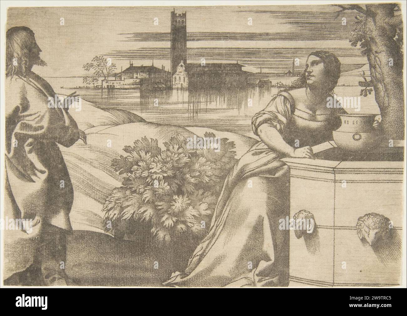 Cristo in piedi a sinistra rivolgendosi alla donna di Samaria a destra che sta in piedi presso un pozzo, laguna sullo sfondo 1917 di Giulio Campagnola Foto Stock