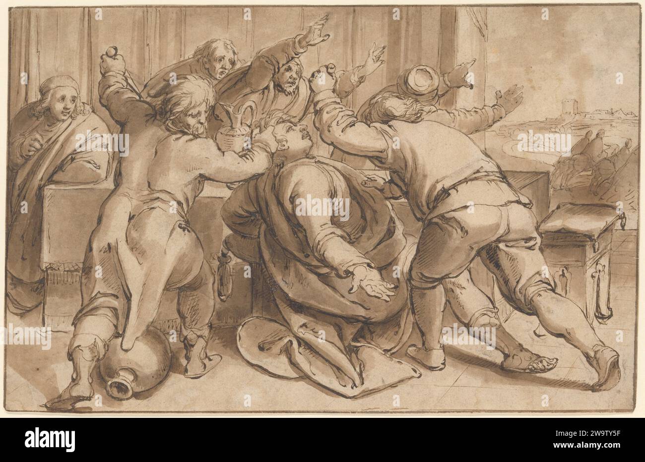 The Servants of Absalom Killing Amnon (2 Samuel 13, 28-29); verso: Sketch of a seated Woman 2009 by Karel van Mander i Foto Stock