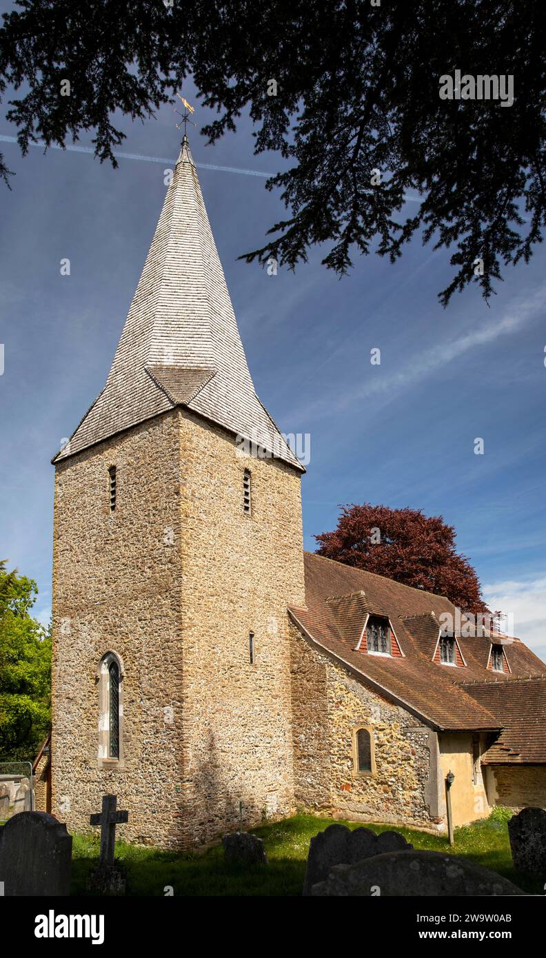 Regno Unito, Inghilterra, Surrey, Compton, chiesa del villaggio di St Nicholas con torre pre-normanna e guglia insolita Foto Stock