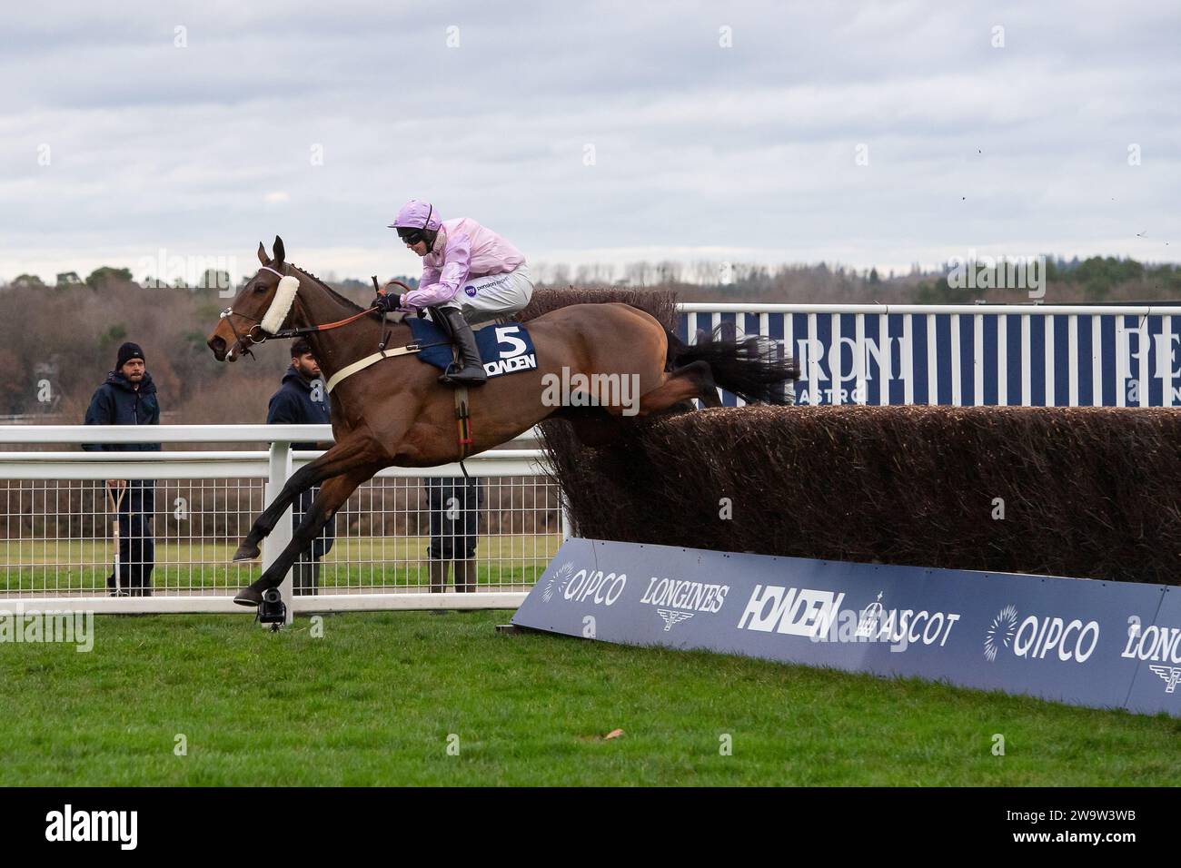 Ascot, Regno Unito. 23 dicembre 2023. Horse Harper's Brooke (IRE) guidato dal fantino Kielan Woods libera un ostacolo nel Howden handicap Steeple Chase all'ippodromo di Ascot durante l'Howden Christmas Racing Weekend Meeting. Proprietario dei Megson. Addestratore Ben Pauling, Naunton. Sponsor Fitzdares. Credito: Maureen McLean/Alamy Foto Stock