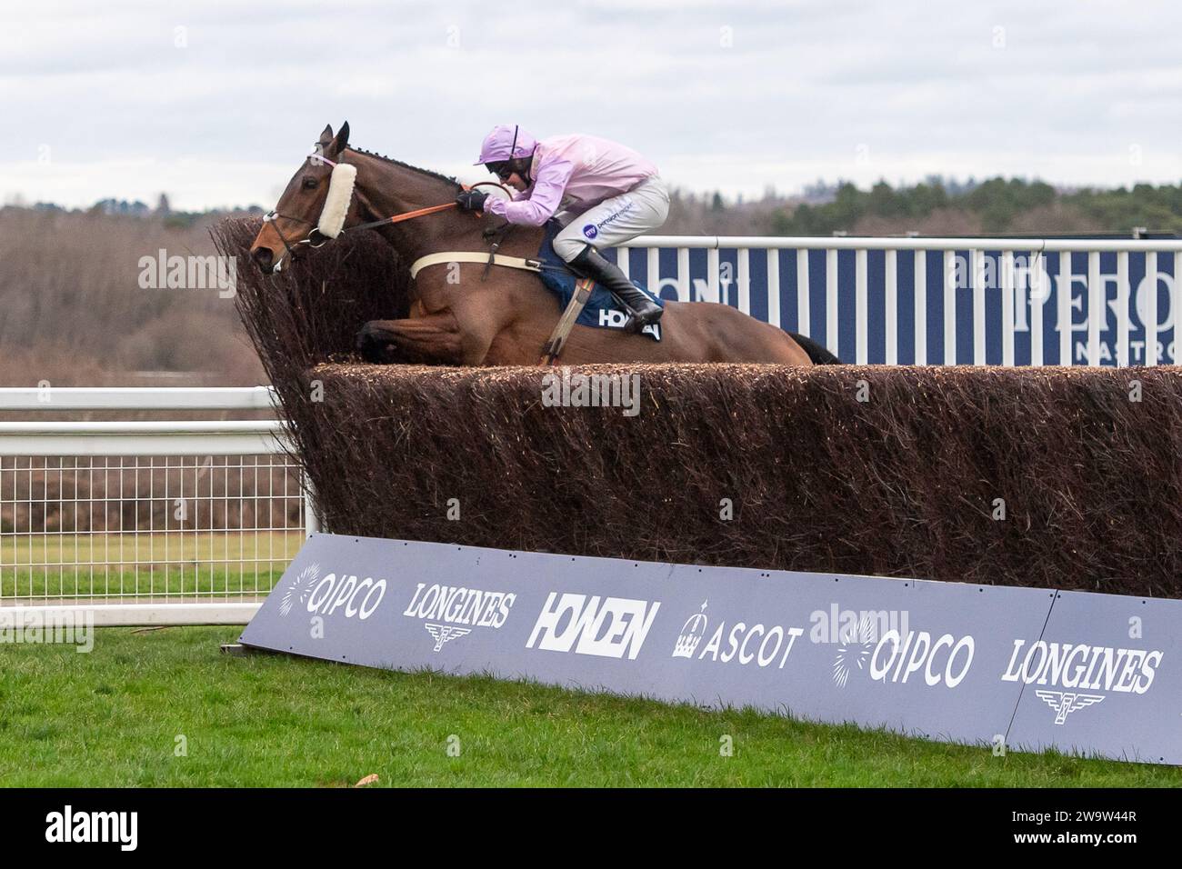 Ascot, Regno Unito. 23 dicembre 2023. Horse Harper's Brooke (IRE) guidato dal fantino Kielan Woods libera l'ultimo prima di arrivare secondo nel Howden handicap Steeple Chase all'ippodromo di Ascot all'Howden Christmas Racing Weekend Meeting. Proprietario dei Megson. Addestratore Ben Pauling, Naunton. Sponsor Fitzdares. Credito: Maureen McLean/Alamy Foto Stock