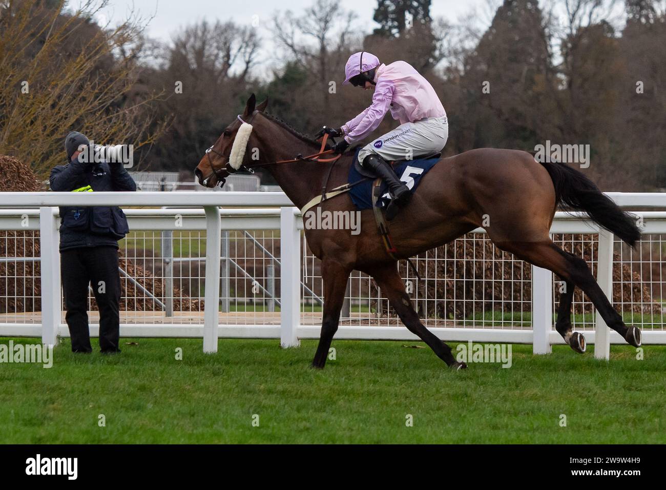 Ascot, Regno Unito. 23 dicembre 2023. Horse Harper's Brooke (IRE), guidata dal fantino Kielan Woods, conduce nel Howden handicap Steeple Chase all'ippodromo di Ascot durante l'Howden Christmas Racing Weekend Meeting. Proprietario dei Megson. Addestratore Ben Pauling, Naunton. Sponsor Fitzdares. Credito: Maureen McLean/Alamy Foto Stock