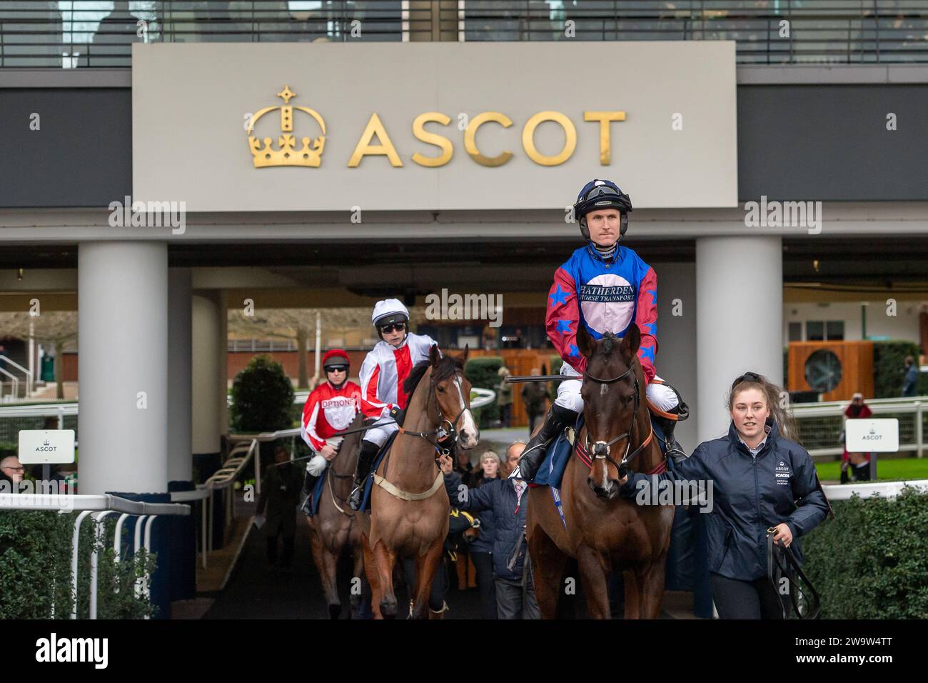 Ascot, Regno Unito. 23 dicembre 2023. L'ippodromo Paisley Park, guidato dal fantino Tom Bellamy, si dirige verso il circuito all'ippodromo di Ascot per gareggiare nella Howden Long Walk hurdle Race all'Howden Christmas Racing Weekend. Proprietario Andrew Gemmell. L'addestratrice Emma Lavelle, Marlborough. Sponsor Hatherden Horse Transport. Credito: Maureen McLean/Alamy Foto Stock