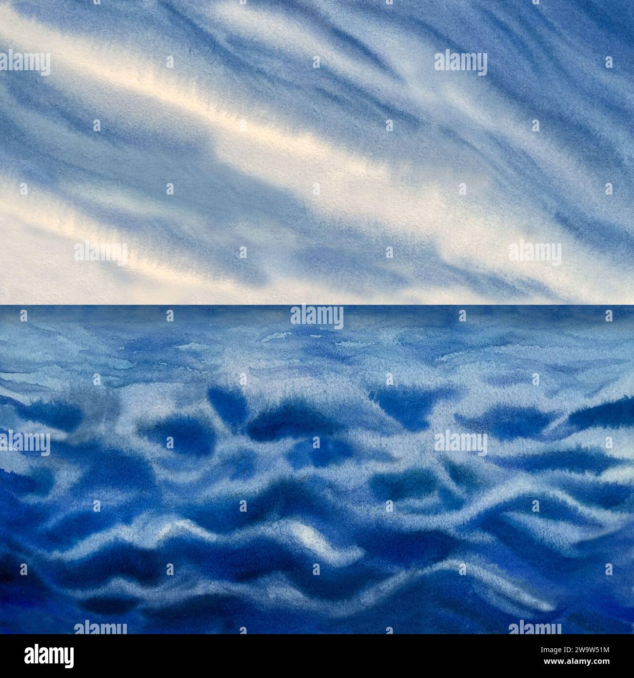 Acquerello astratto blu mare e cielo di sfondo. Illustrazione creata come modello per sfondi, banner, poster, menu, inviti, sfondo Foto Stock