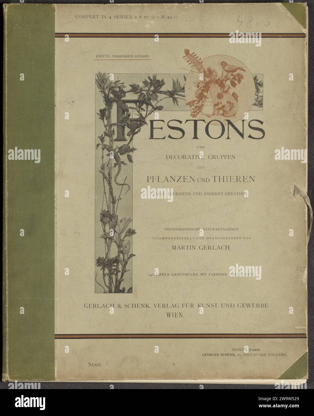 Feste e gruppi decorativi insieme a un alfabeto ornamentale di piante e animali caccia, attrezzature turistiche e altre attrezzature serie 1, 1897 portfolio lino (materiale). cartone. stampa su carta/collotipo Foto Stock