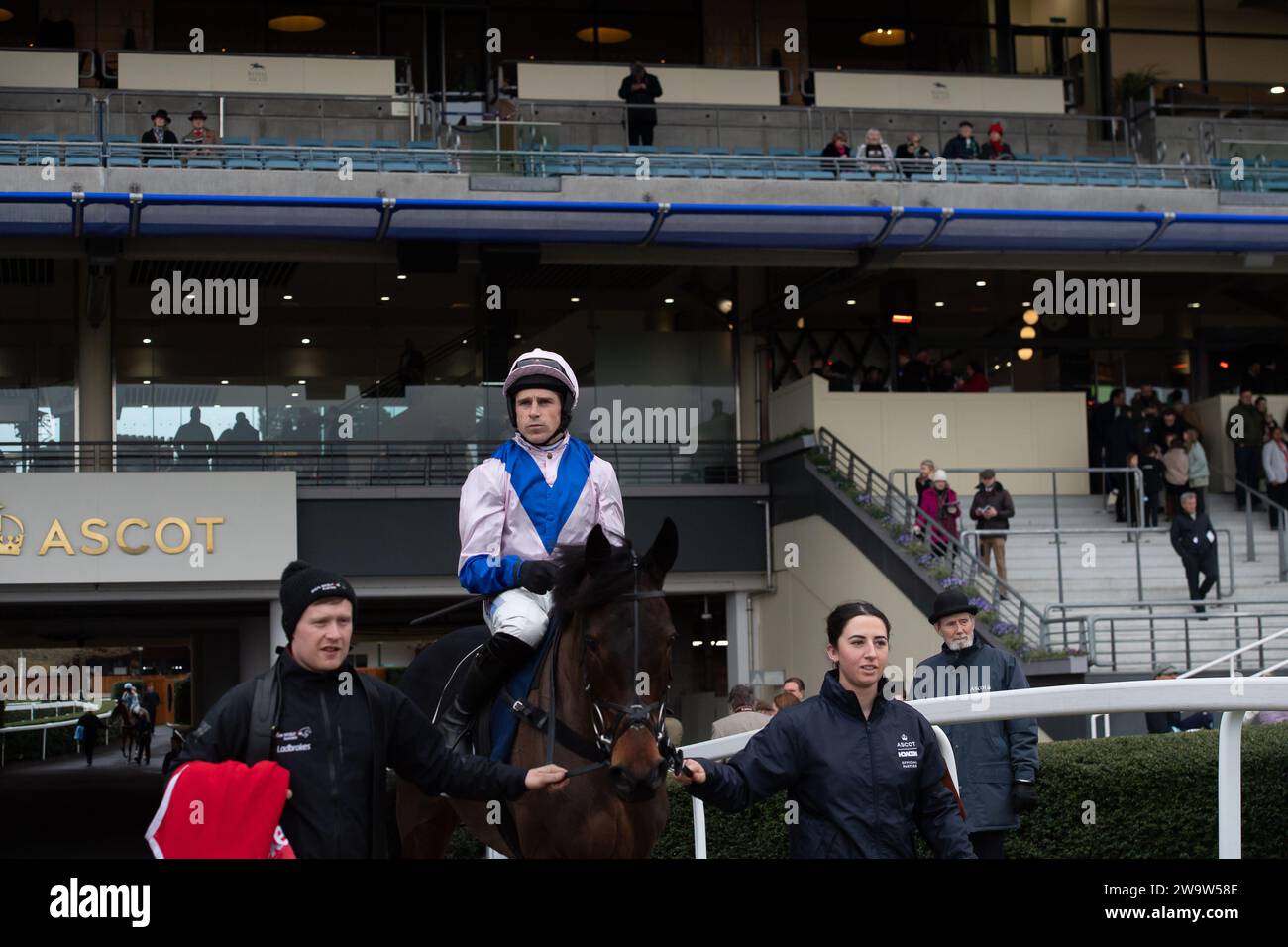 Ascot, Regno Unito. 23 dicembre 2023. Horse West Balboa, guidato dal fantino Harry Skelton, si dirige verso il circuito all'ippodromo di Ascot per gareggiare nella Howden Long Walk hurdle Race all'Howden Christmas Racing Weekend. Il proprietario Bullen-Smith e Faulks. Allenatore Dan Skelton, Alcester. Sponsor Ladbrokes, The Air Ambulance Service (Warwickshire & Northamptonshire). Credito: Maureen McLean/Alamy Foto Stock