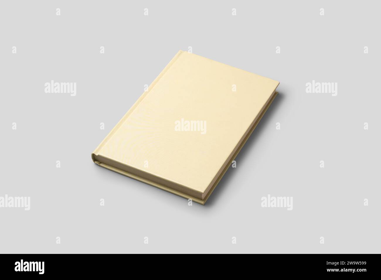 libro cartaceo giallo vuoto isolato su sfondo grigio neutro, risorsa grafica modello modello Foto Stock