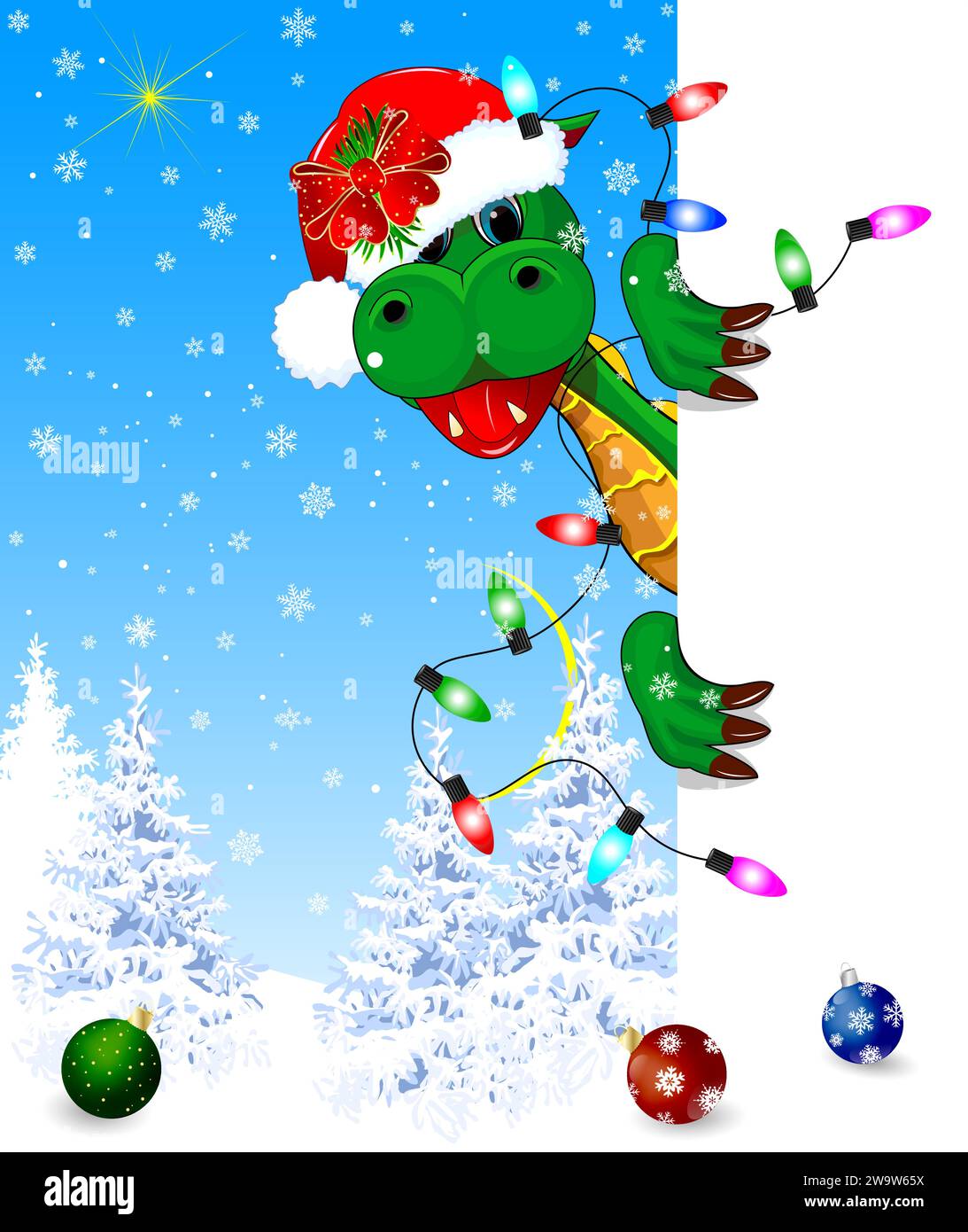Simpatico e divertente drago dei cartoni animati sullo sfondo di una foresta innevata invernale. Personaggio da favola. Dinosauro verde. Illustrazione Vettoriale